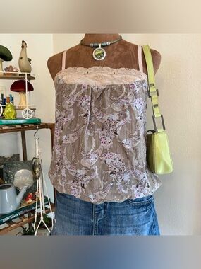 Taupe + Light Pink Lace Trim Sheer Paisley Bubble Hem Tank Top by Free People